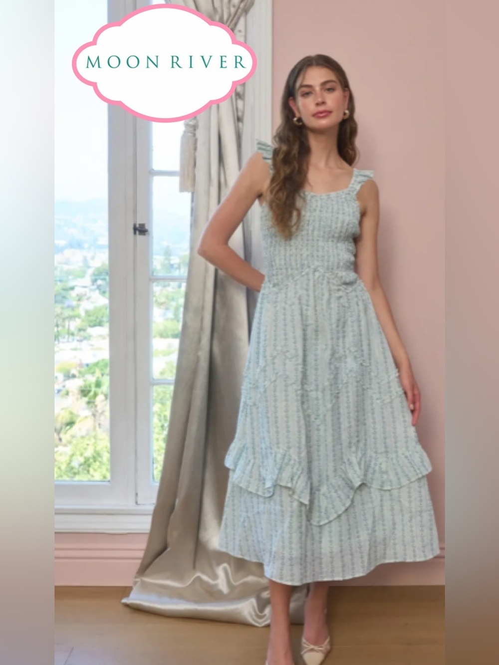 NWT Moon River Smocked Ruffle Strap Midi Dress Small